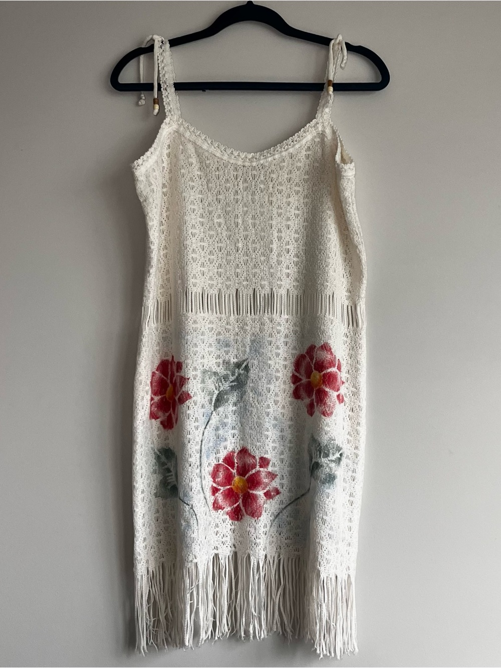 Crochet Slip Dress with Red Floral Embroidery